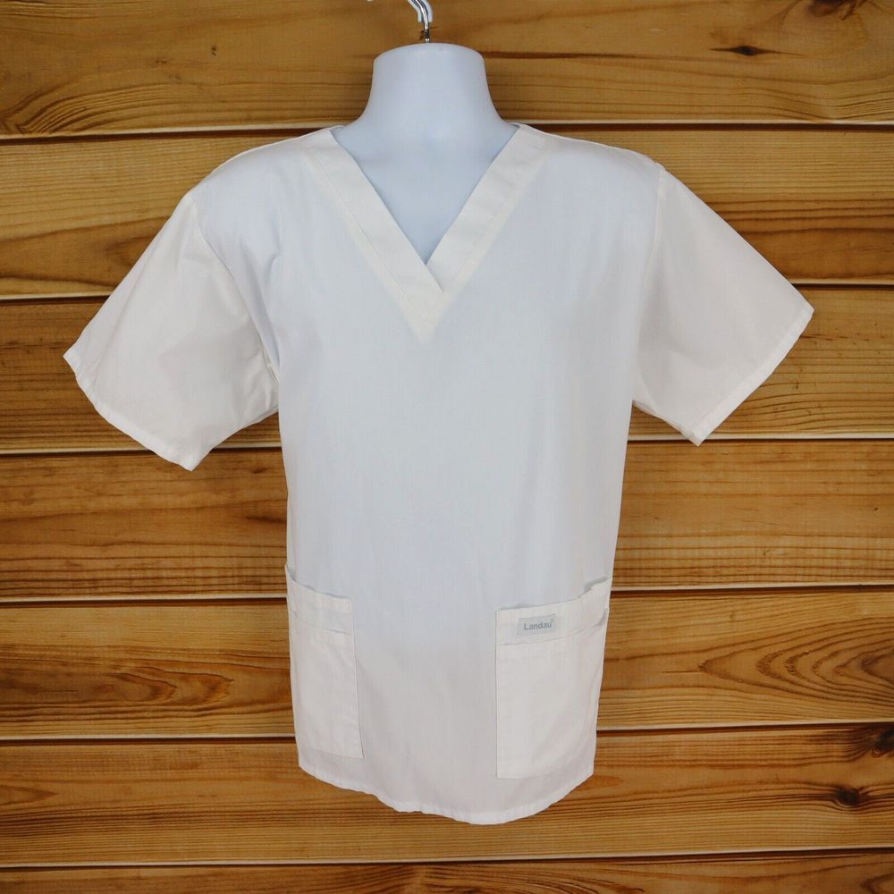 Landau Scrub Top Shirt Mens Size XL White Polyester Blend Pockets‎ Short Sleeve